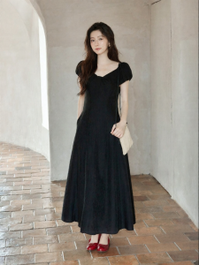 seemon | Đầm Dài Phong Cách Hàn Quốc Mùa Hè Đẹp và Sang Trọng có Thắt Eo Cổ V Đen