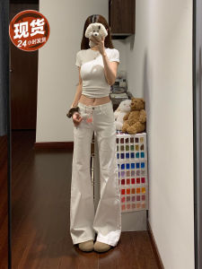 Low Waist Flared Jeans Womens Fleece Lined Loose Elastic American Retro Non Fitting Micro Flare Pants Casual Cotton Denim