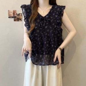 AIYITI | Plus Size Floral Print French Style Shirt Summer Thin Lyocell Sleeveless V-Neck Top For Women Casual Straight Cut Lightweight