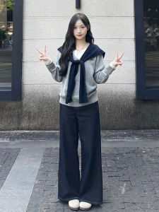 เสื้อสเวตเตอร์สีเทาสำหรับผู้หญิง ฤดูใบไม้ร่วง/ฤดูหนาว 2025 ใหม่ ดีไซน์เก๋ไก๋ ดีเทลเสื้อผ้าชั้นใน คอกลม แขนยาว ปกติ