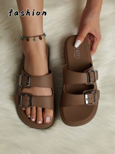 New Spring and Summer Womens Fashionable Casual Double-Strap Double-Buckle Adjustable Design Beach Home Outdoor Office Walking Versatile Style Brown Color-Blocking Womens Slippers