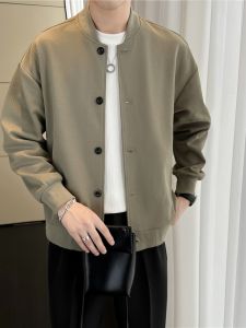 Trendy Plaid Jacket Mens Autumn Winter Baseball Style Casual Shirt Single Button Stand Collar Outerwear Handsome Handsome