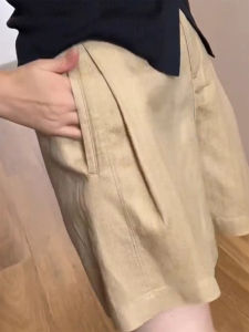 Khaki Tencel Linen Short Pants Womens High Waist Straight Leg Commute Style Pure Color Large Size Pear Shape Small Figure