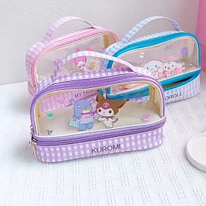 SANRIO KUROMI MELODY cinnamoroll DUAL Layer Transparent Cute Storage Pencil Case Student Pencil Box Cosmetic Bag Stationery