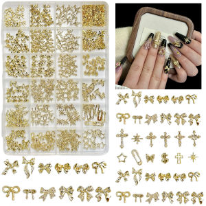 ชุดตกแต่งเล็บ 1 กล่อง ลายริบบิ้นไขว้ ผีเสื้อ โลหะผสม ประดับเล็บ 3 มิติ ดีไซน์โปร่งลายดาว สำหรับตกแต่งเล็บ DIY