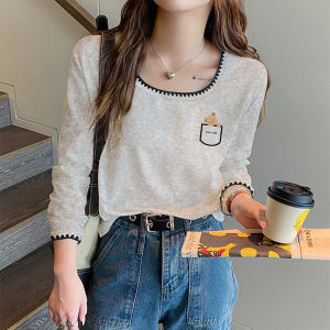 เสื้อยืดคอกว้างแขนยาวผ้าฝ้ายแท้สีเทาสำหรับผู้หญิง ฤดูใบไม้ผลิและฤดูใบไม้ร่วง คอกลม ทรงพอดีตัว ระบายอากาศได้ดี ใส่ได้หลากหลาย