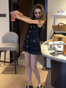 French Vintage Polo Collar Sleeveless Denim Dress Mid-Length Summer New Loose Fashionable Womens Skirt High Waist A-Line Skirt