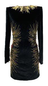 Spring Summer Elegant Thinming Velvet Long Sleeve Dress Glitter Heavy Embroidery Midi Skirt round Neckline Polyester Fiber