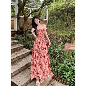 IELGY Sling Long Dress Summer New Floral High Waist Slimming Waist Dress