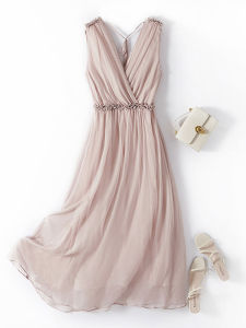 MK Silk Dress Womens French V-neck Gown Elegant Ladylike Strapless Gown Fine Texture One Touch Unforgettable