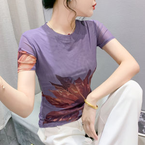 REHIN แขนสั้นพิมพ์ลายตาข่ายฤดูร้อนแฟชั่นคอกลมเข้ารูปพอดีกับเสื้อเก๋สง่างามของผู้หญิง (S-3XL)