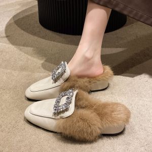 Fluffy Slippers Womens Outwear Fall and Winter Toe Cap Semi Slipper Slip-on Medium Chunky Heel Loafers Niche Style Muller Cotton Slippers