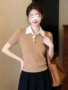 LUOFEN | Retro Contrast Turn-Down Collar Knit Sweater Half Open Collar Fitted Waisted Straight Shoulder Top