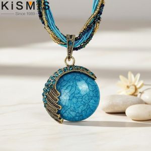 Turquoise Rhinestone Pendant Necklace for Women Bohemian Fashion Jewelry Chain Vintage Style Accessories