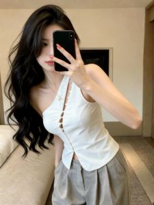 GUZILIAN | Áo Ngắn Dập Nút Voan Đơn Tay Lệch Vai Kiểu Retro