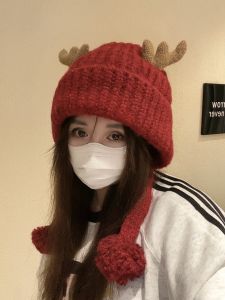 Christmas Cute Cartoon Red Antlers Earmuffs Hat Female Winter Korean Style plus Fluff Knitted Hat Riding Cold-Proof Toque