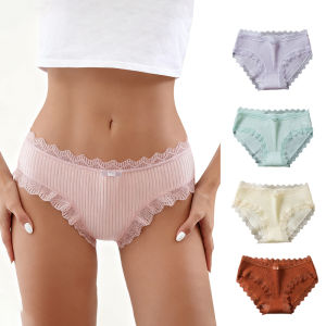 Womens Lingerie Underwear Lace Ruffle Briefs Solid Color Stretch Cotton Femal Underpants Breathable Intimates  Bow