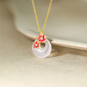 ZHOU LIU FU 周六福 สร้อยคอจี้ S925 Sterling Silver White Chalcedony Pendant Pink Small Flower Round Natural Gemstone Silver Chain Necklaces 40+5CM J0614770