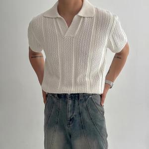 Fancy Cut Out Knitting Polo Shirt Men Summer New Arrival Fashion All-Match Trendy Loose Solid Color Half Sleeve T-shirt