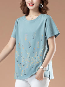 Loose Fit Pure Cotton Short Sleeve T-Shirt for Older Women Summer Clothing Moms Wardrobe Belly Covering Top Korean Style