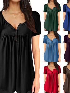 Loose Fit Pleated Button down Short Sleeve T Shirt Womens Casual Style Top Drawstring Loose T-Shirt with Buttons