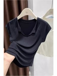 เสื้อยืดคอวีสีดำสำหรับผู้หญิง แขนสั้น ทรงเข้ารูป ปกเปิด เสื้อผ้าทำงานฤดูร้อน ทรงเข้ารูป เสื้อผ้าทำงาน