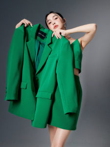 Green Suit Dress Three-Piece Set Women Early Autumn Niche Design Loose Shoulder Pad Western Style Polyester Commute Pure Color
