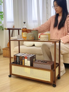 Bamboo Trolley Double-layer Storage Rack Retro Multi-purpose Storage Space Wheels Move Smoothly
