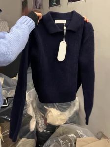 Soft Cozy Black Polo Collar Knitted Sweater Womens Loose Overhead Korean Style Long Sleeve Regular Length Comfort Fit Cashmere