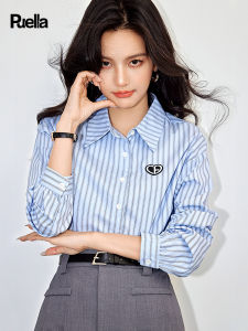 Puella Blue Striped Long Sleeve Shirt Womens Casual Fashion Commute Embroidery French Love Heart Loose Fit Polyester Fiber