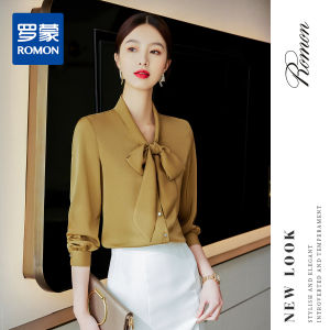 Romon Womens Long Sleeve Shirt Comfortable Lightweight Fashion Butterfly Knot Commute Versatile Elegant Solid Color Blouse