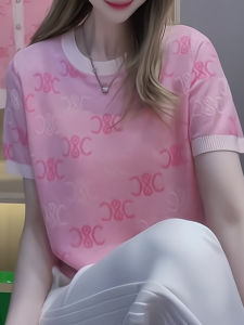 Lightweight Knitted Short Sleeve T-Shirt Womens round Neck Letter Embroidery Pink Top Slim Fit Summer Fashionable Short Style