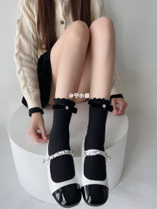 Velvet Butterfly Knot Mid-Calf Socks Women Spring Autumn Black with Diamond Lolita Earlet Lace JK Over-The-Knee Cotton Socks