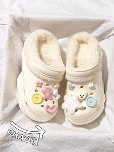 Fleece Lined Clog Shoes Womens Autumn Winter New Style Warm Outdoor Slip Resistant Thick Bottom Heightening Slippers Sweet Style EVA Material