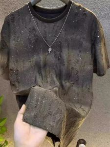 Summer New Mens Short Sleeve T-Shirt American Style Star Print round Neck Half Sleeve Hole Design Lightweight Gradient Color