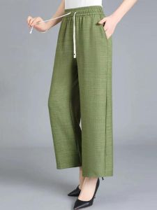 New 2025 Loose Fit Nine-Piece Elastic Waist Summer Thin Mom Pants for Middle-Aged And Elderly Women Fashionable Straight Leg Casual Trousers