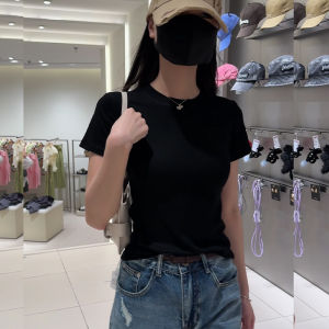 Womens Short Sleeve T-Shirt Summer 2023 Shoulder Line Fit White Semi-High Collar Solid Color Simple Korean Style Slim Body Base Shirt