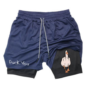 Quần Short Chạy Bộ Nam In Hình Vịt Hoạt Hình Nhanh Khô Hai Lớp In Chữ Tập Thể Dục Đi Biển Chất Liệu Polyester Elastane RL0358