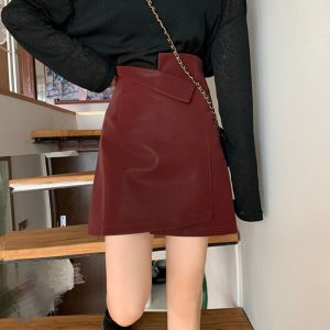 Retro Red PU Mini Skirt High Waist A-Line Asymmetrical Short Skirt for Autumn Winter plus Size Slimming Skirts