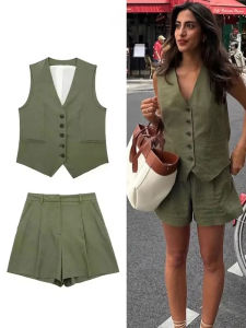 HH Women Elegant Solid Waistcoat Pant Sets Single Breasted V Neck Vest Top + High Waist Slim Shorts Lady Office Wear Suits