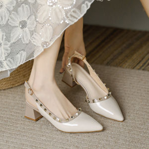 รองเท้าส้นสูงสีเปล่าแบบหัวแหลม ทรงหัวมน รองเท้าแตะสวมใส่สบาย สำหรับผู้หญิง ฤดูร้อน 2025 รองเท้าส้นหนา รองเท้าแตะแบบสวมหัว