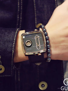 Square Mens Watch Heavy Industry Dual Core Fashion Art Personality Trending Leather Strap Quartz Movement Metal Case Waterproof