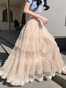 Váy Dài Nửa Thân Trên Bằng Chiffon Màu Đào Cạp Cao Cho Nữ Mùa Xuân 2025 Váy Dài Chữ a Phong Cách Công Sở Dài