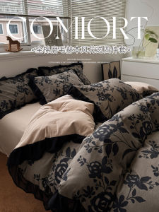 Heben Style Pure Cotton Flocking Bedding Four-Piece Set Autumn Thickened Full Cotton Duvet Cover Bed Sheet Dormitory Three-Piece Set Luxury French