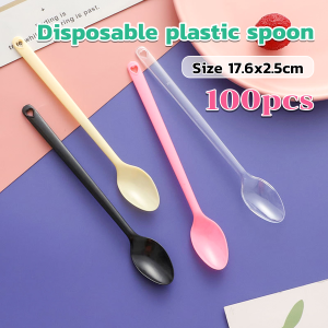 MaxPlus 100pcs Disposable Plastic Spoon Colored Long Teaspoon for Dessert Milk Tea Sorbet