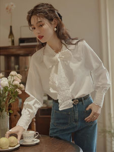Gentle Sweet Lace White Shirt Womens Spring & Fall French Butterfly Bow Tie Tops Bandage Dress Inner Wear Base Shirt Winter