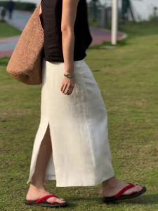 High Waist White Linen Asymmetrical Midi Skirt Womens Summer New Style Simple Fashion Long Skirt Korean Style Commute