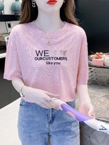 WANGGONGZHU | Summer Ice Silk Short Sleeve T-Shirt Women Thin Cotton Pure Korean Version Loose Fashion Sequin Embroidery Top Women