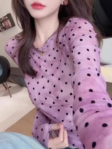 เสื้อยืดแขนยาวผู้หญิงเซ็กซี่ ผ้าโปร่งลายจุด ทรงสลิมฟิต บาง ใส่ได้ตลอดทั้งปี ผ้าตาข่าย ฤดูใบไม้ผลิ ฤดูร้อน ฤดูใบไม้ร่วง