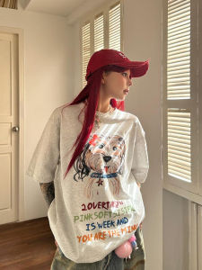 เสื้อยืดคอกลมแขนสั้นพิมพ์ลายหมาสไตล์ย้อนยุคอเมริกันไซส์ใหญ่สำหรับฤดูร้อน ทรงหลวม ทรงพอดีตัว ทรงพอดีตัว